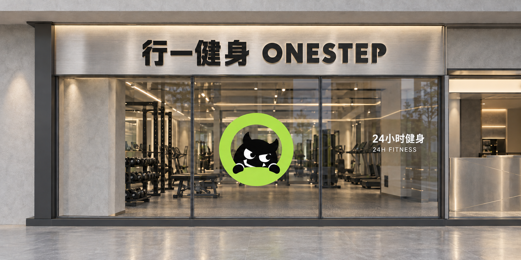 行一健身入口空间效果模拟：中英文字标与玻璃上的绿色圆环怪兽